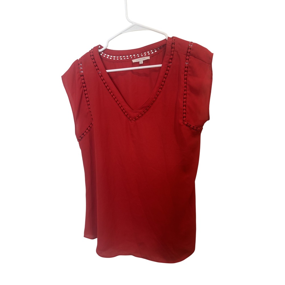 41 Hawthorn Blouse Womens Medium Red V Neck Crochet Trim Cap Sleeve Top